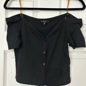 Black Ribbed Button-Up Off The Shoulder Crop Top